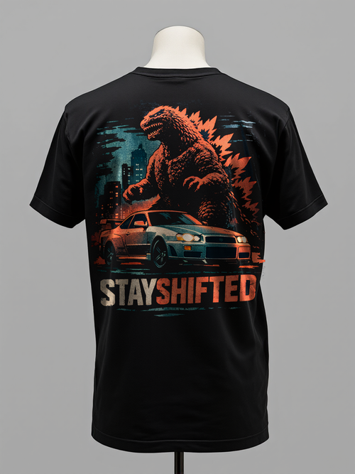 GTRzilla Tee — back (photoreal kaiju + R34, STAYSHIFTED) — Black