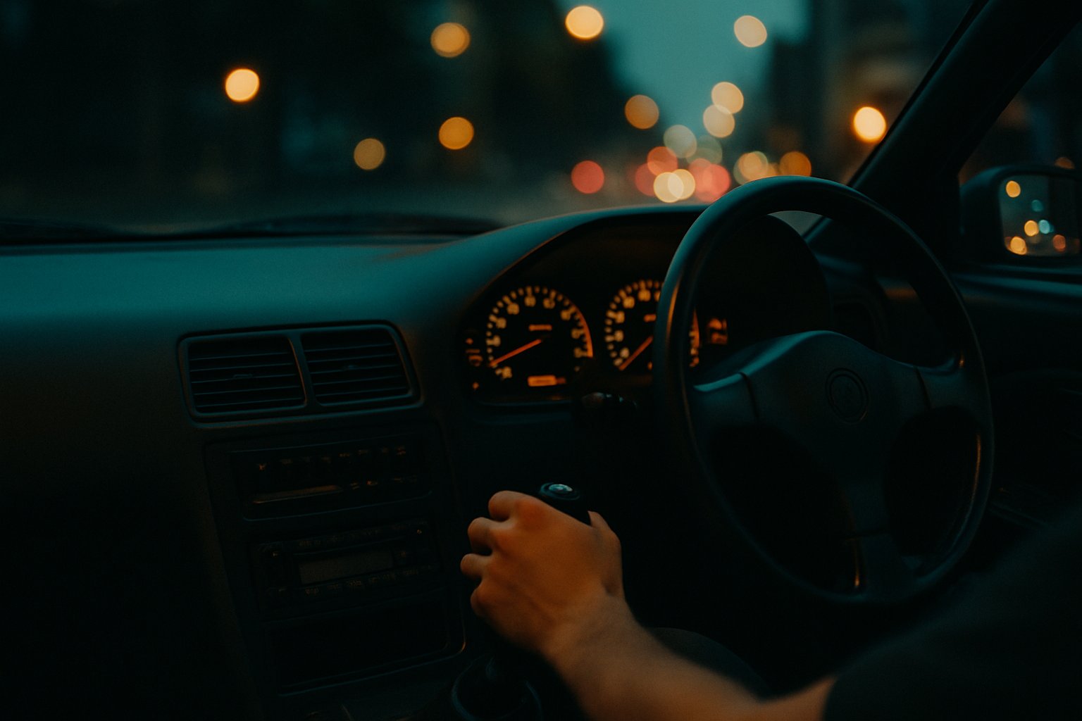 Driver's hand on a manual shift knob at dusk